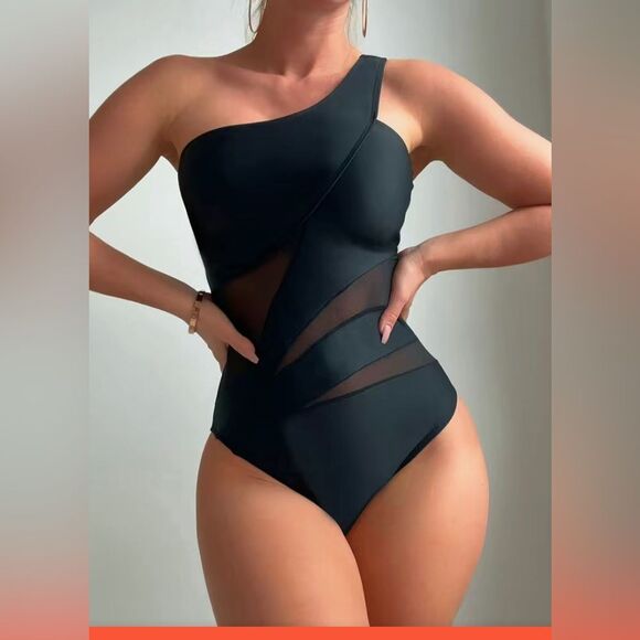 NEW! Sz XXL (14) Plus SEXY Mesh Contrast *CHEEKY* 1piece Swimsuit 1 Shoulder - Picture 1 of 5